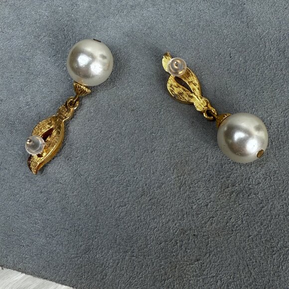 Gold Tone Faux Pearl & Rhinestone Pierced Earrings - Picture 7 of 8